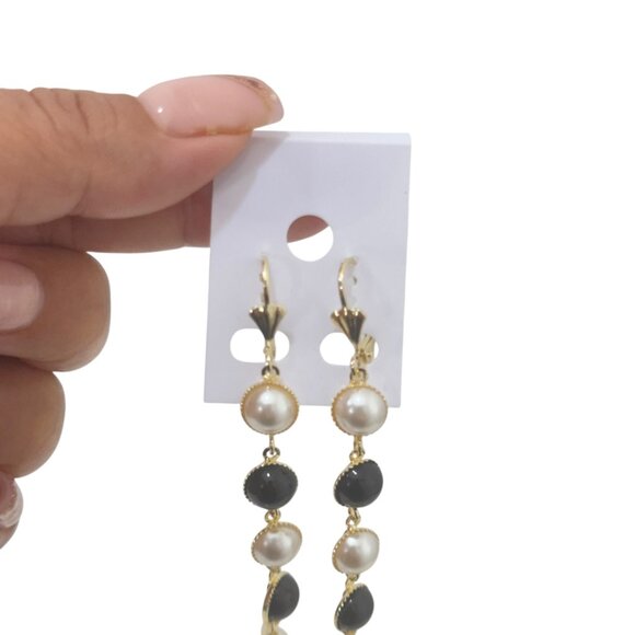 NEW Gold Filled Gold & Pearl Drop Earrings With Black Beads - Picture 5 of 9
